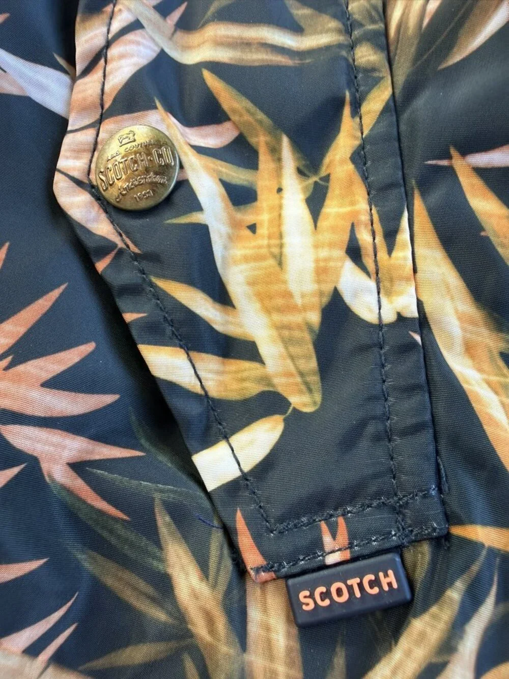 Scotch & Soda Amsterdam Bomber Jacket. Black Orange Tropical Palm Leaf Size M